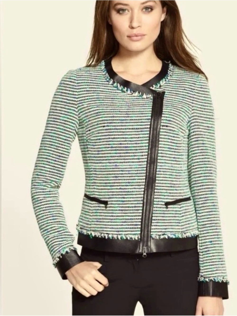 Lafayette 148 New York Striped Tweed Jacket in Black, White & Teal